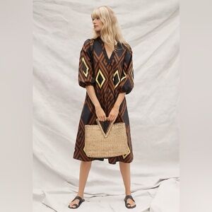 Anthropologie Porridge Mireil Geometric Patterned Black and Brown Midi Dress